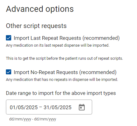 Advanced options last repeat no repeat import date range