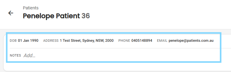 Patient details view showing Penny Patient's name, address and Medicare details