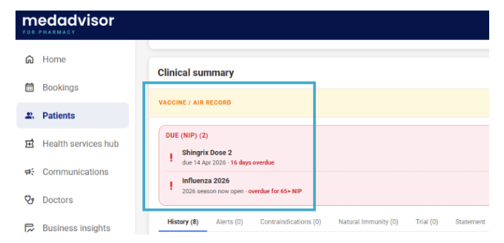 Clinical summary showing vaccine and AIR record status